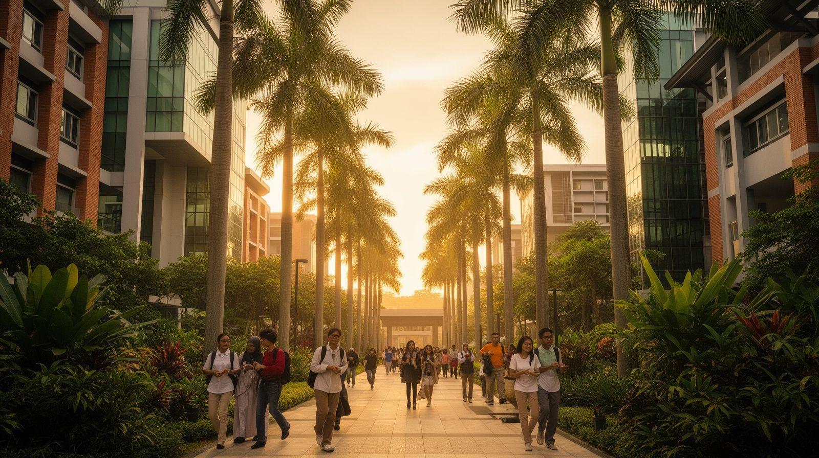 Students walking through a Malaysian university campus in the morning