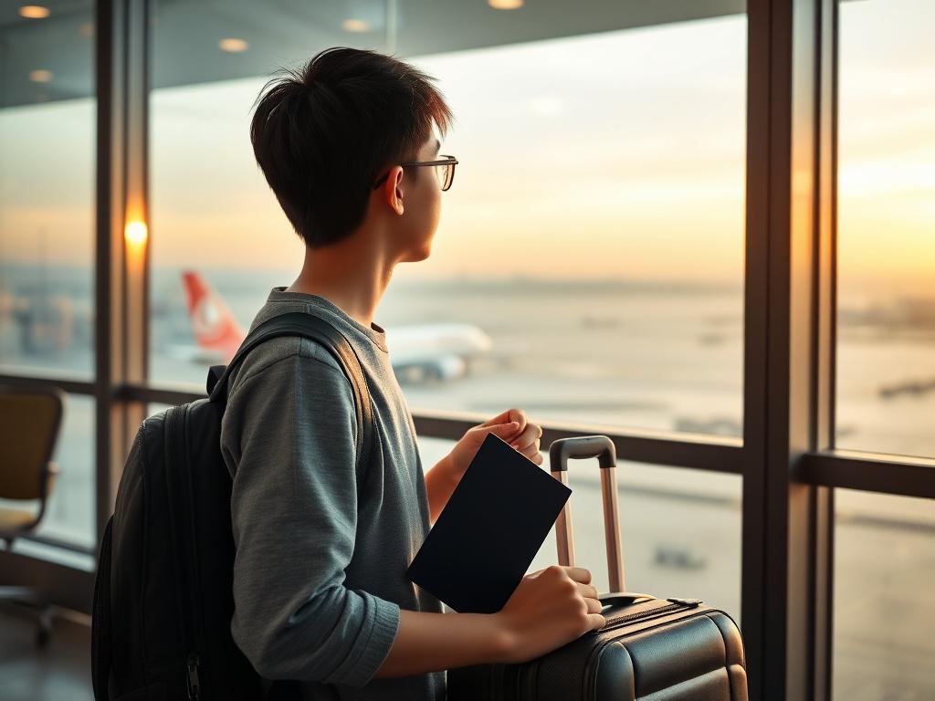 Student with a suitcase watching a plane at the airport