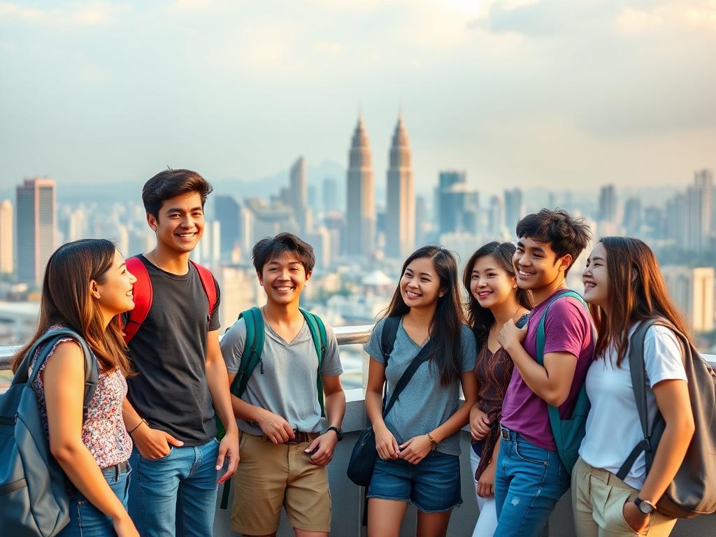 Students on a rooftop with the Kuala Lumpur skyline behind them
